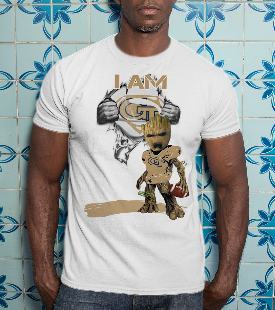 I AM Georgia Tech Baby Groot Superman Football T-Shirt