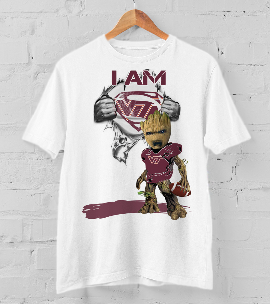 I AM Hokies VT Baby Groot Superman Football T-Shirt