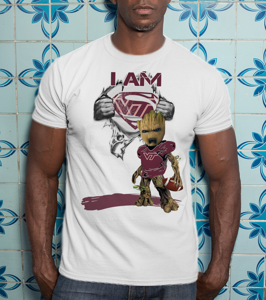 I AM Hokies VT Baby Groot Superman Football T-Shirt