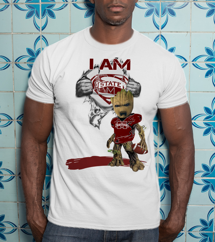 I Am Mississippi State Baby Groot Superman Football T-Shirt