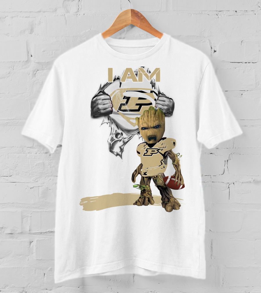 I AM Purdue Baby Groot With Football Superman T-Shirt
