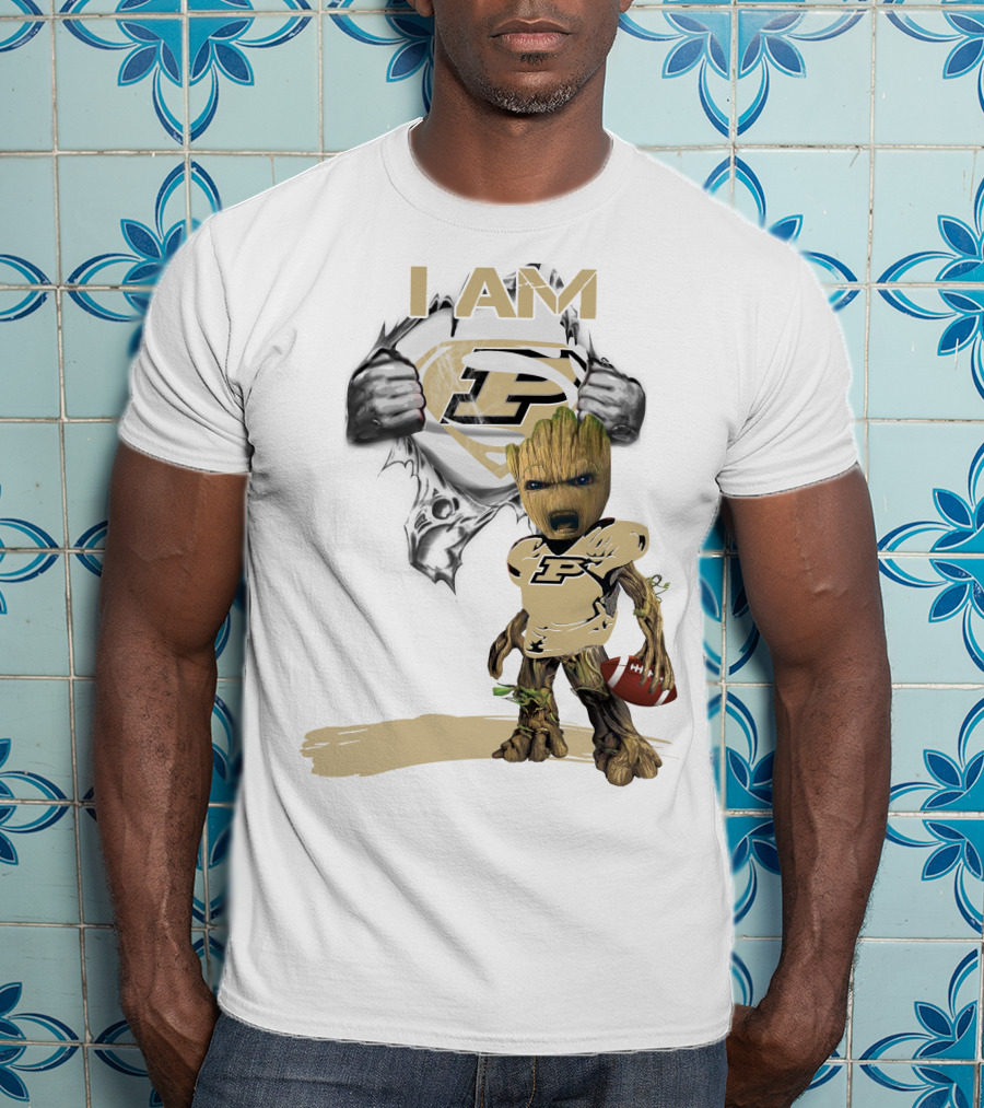 I AM Purdue Baby Groot With Football Superman T-Shirt