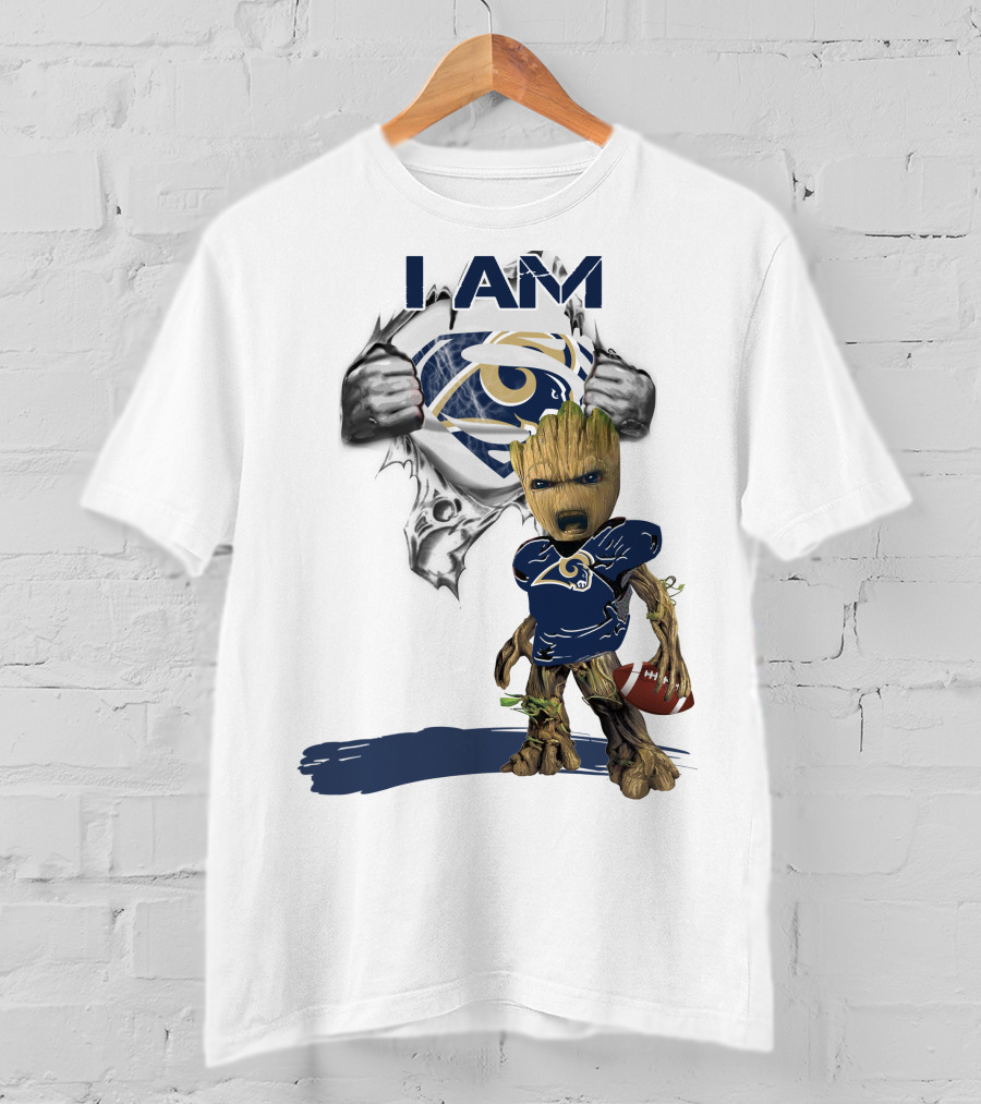 I AM Rams Baby Groot Superman Football Hero T-Shirt