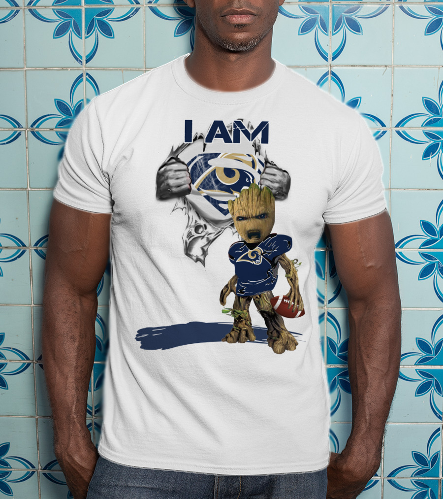 I AM Rams Baby Groot Superman Football Hero T-Shirt