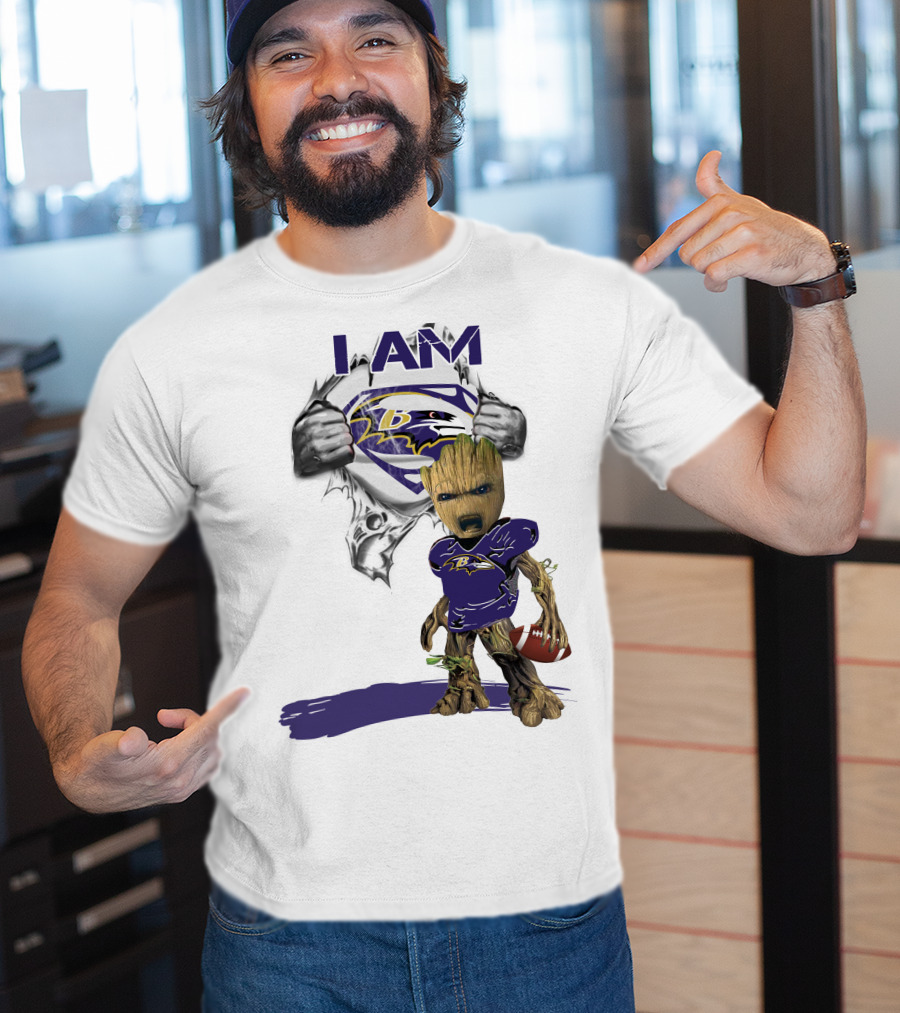 I Am Ravens Baby Groot Superman Football Ravens T-Shirt