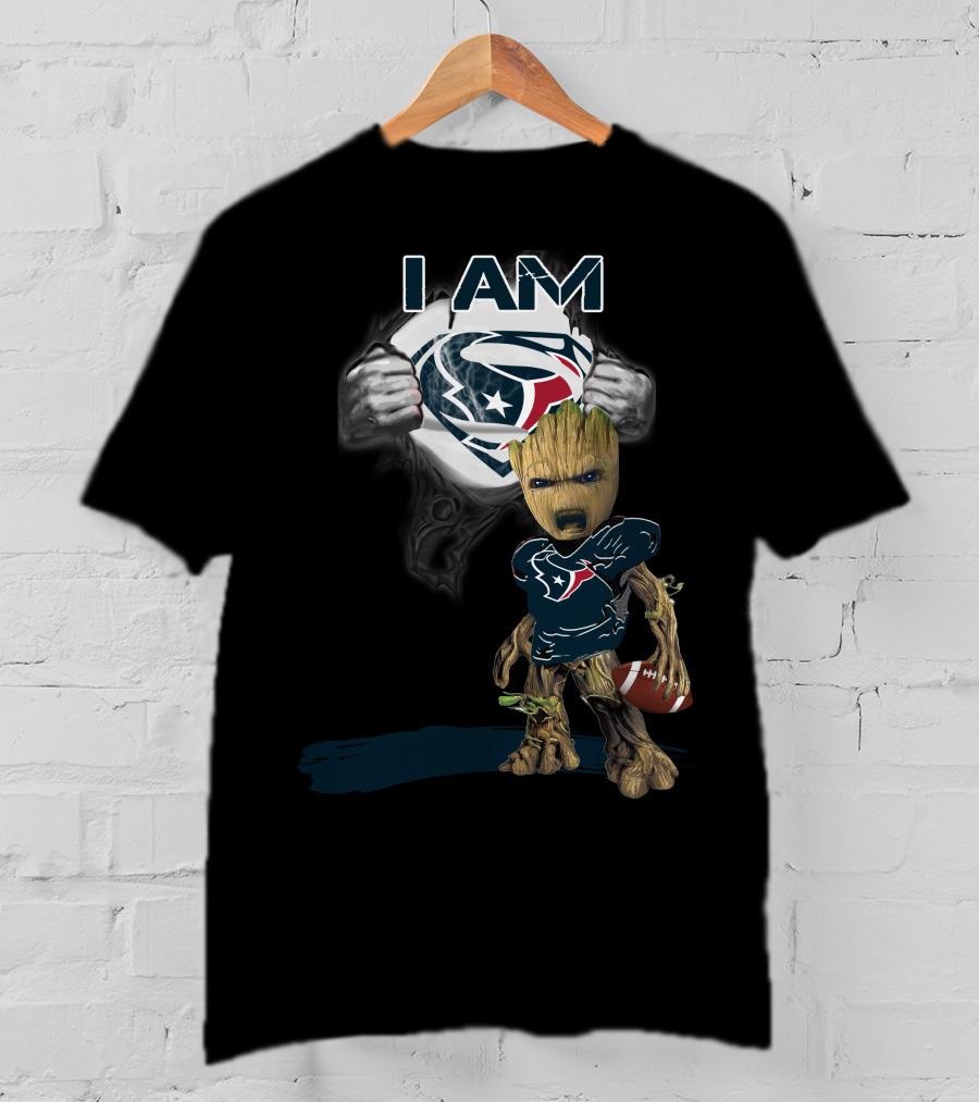 I Am Texans Baby Groot Superman Logo Football T-Shirt
