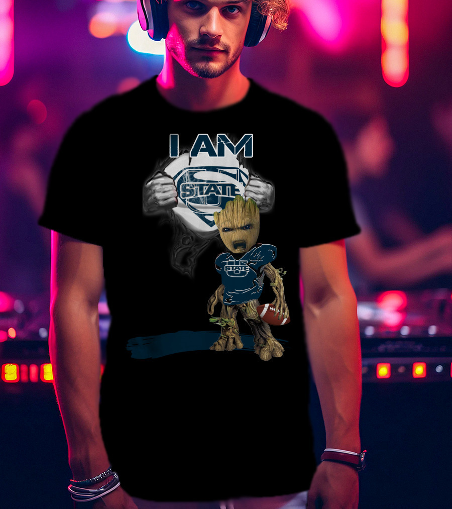 I AM Utah State Baby Groot Superman Football T-Shirt