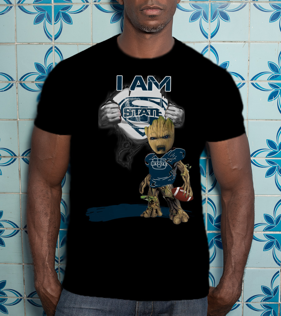 I AM Utah State Baby Groot Superman Football T-Shirt