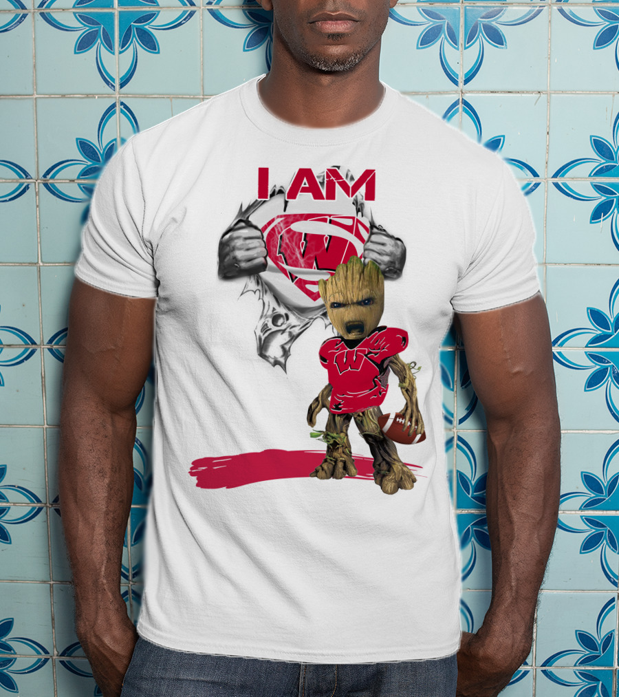 I Am Wisconsin Baby Groot Superman Football T-Shirt