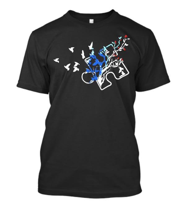 Autism Puzzle Piece With White Birds And Floral Tree Branches T-Shirt