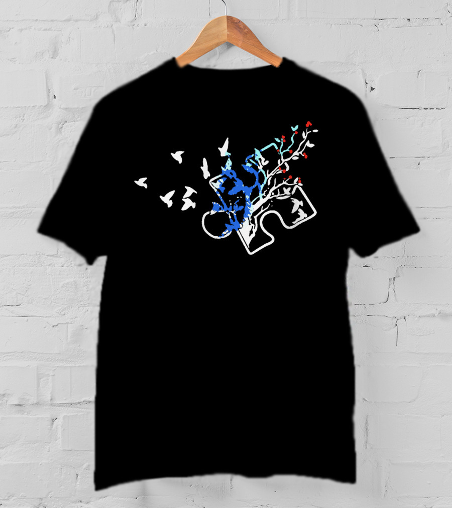 Autism Puzzle Piece With White Birds And Floral Tree Branches T-Shirt