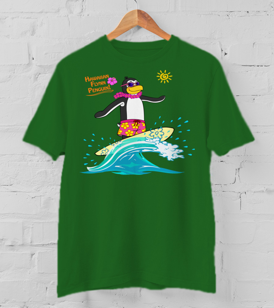 Hawaiian Flynn Penguin Surfing With Floral Lei And Sunglasses T-Shirt