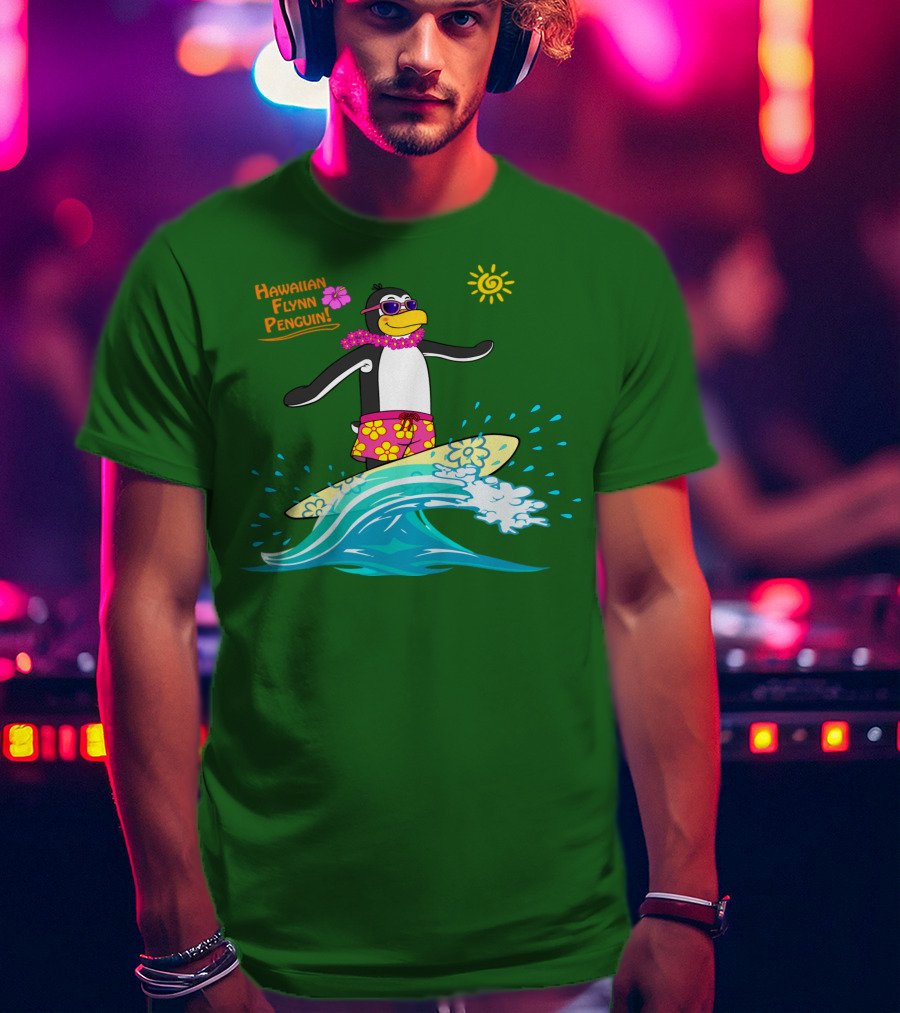 Hawaiian Flynn Penguin Surfing With Floral Lei And Sunglasses T-Shirt
