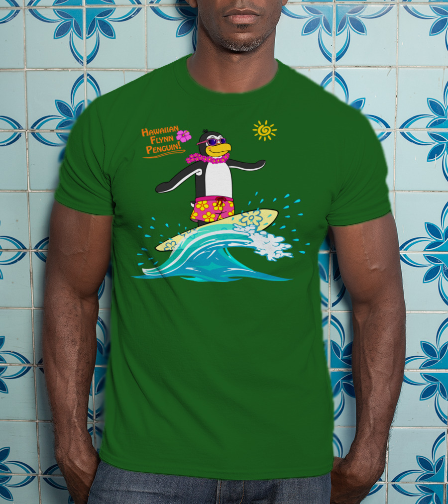 Hawaiian Flynn Penguin Surfing With Floral Lei And Sunglasses T-Shirt