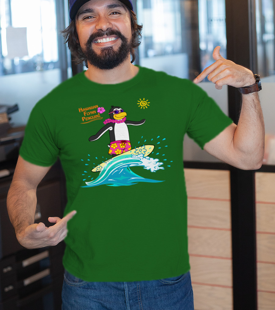 Hawaiian Flynn Penguin Surfing With Floral Lei And Sunglasses T-Shirt