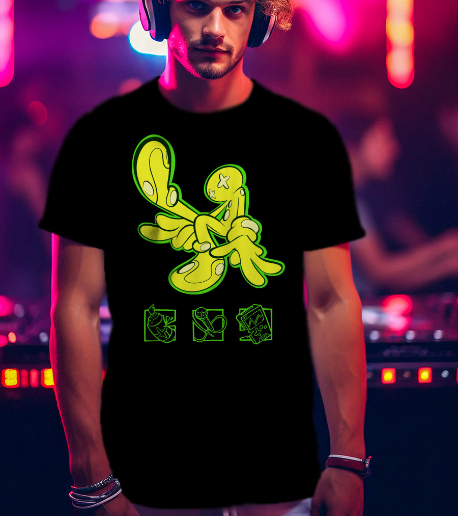 OFFCANNY Neon Cartoon Figure With Iconic Symbols T-Shirt