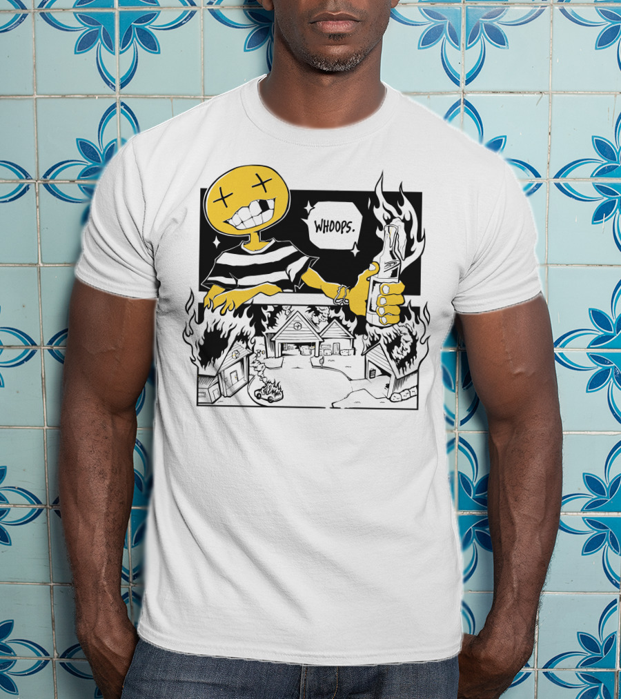 OFFCANNY New Merch Whoops Smiling Figure With Flaming Houses And Bottle T-Shirt