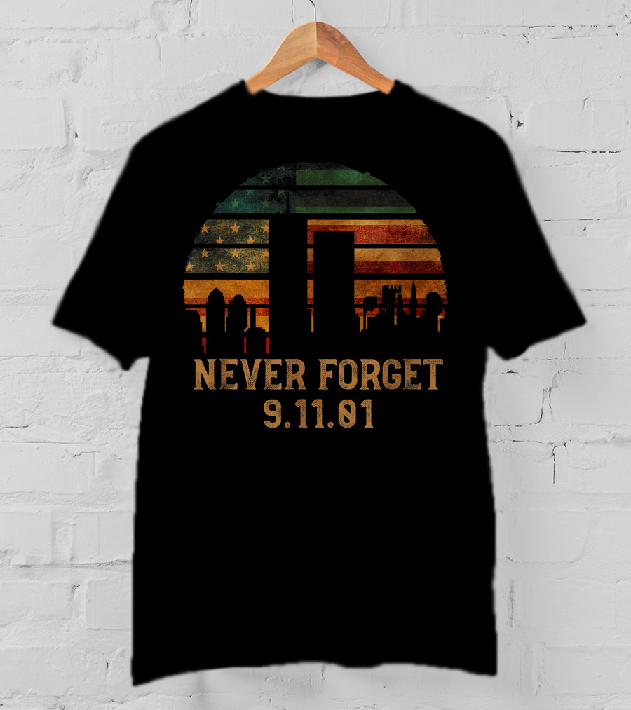 Never Forget 9.11.01 Skyline American Flag T-Shirt