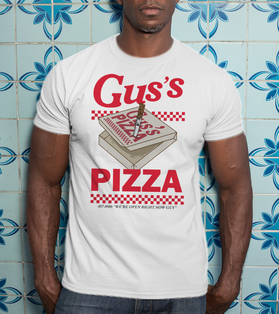 Gus's Pizza Box Knife 487-8666 We're Open Right Now Guy T-Shirt