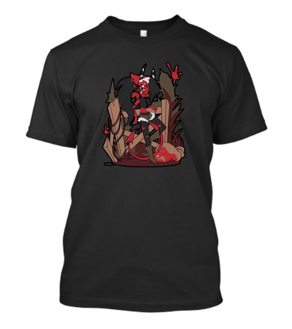 Helluva Boss Character Sitting On Fence With Bag And Red T-Shirt