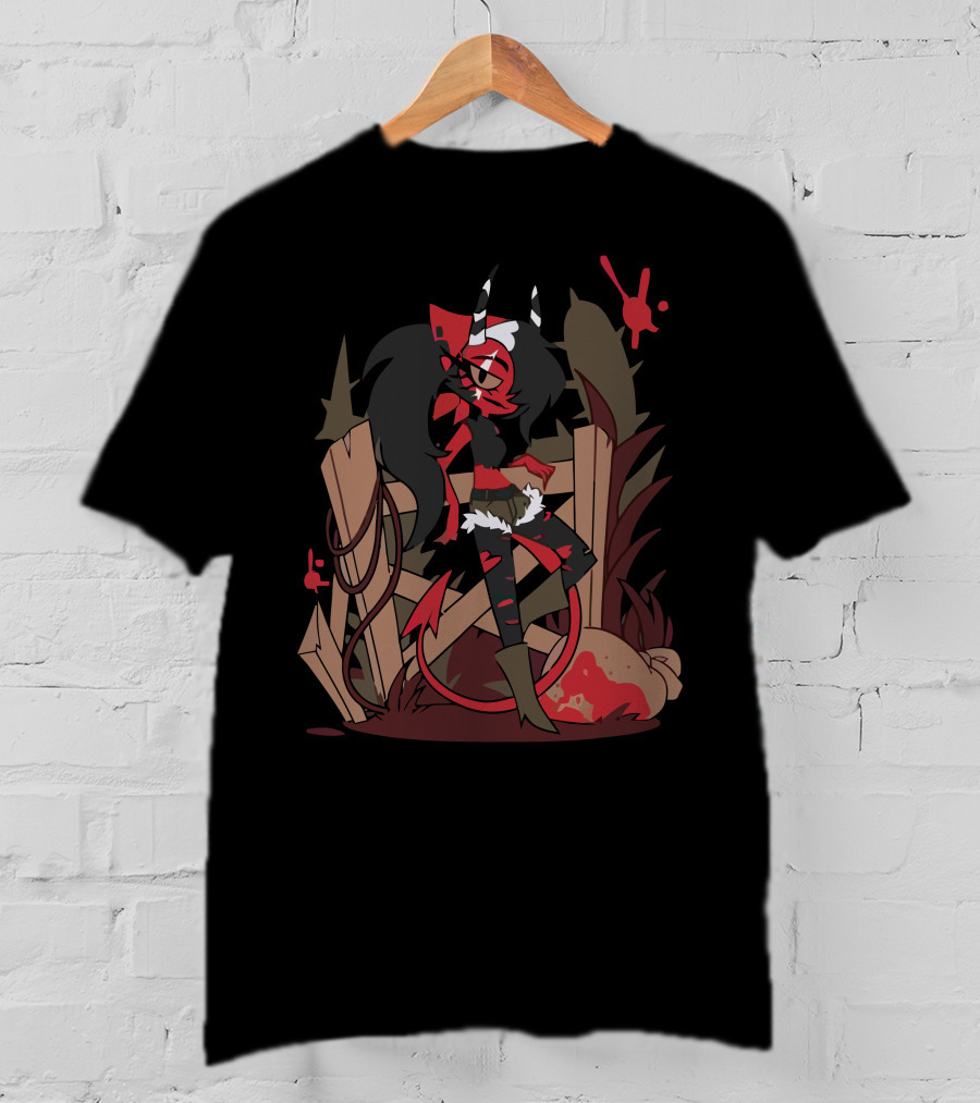 Helluva Boss Character Sitting On Fence With Bag And Red T-Shirt