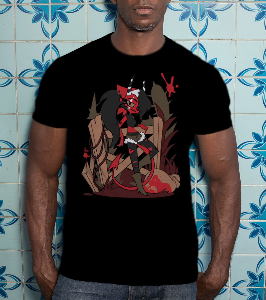 Helluva Boss Character Sitting On Fence With Bag And Red T-Shirt