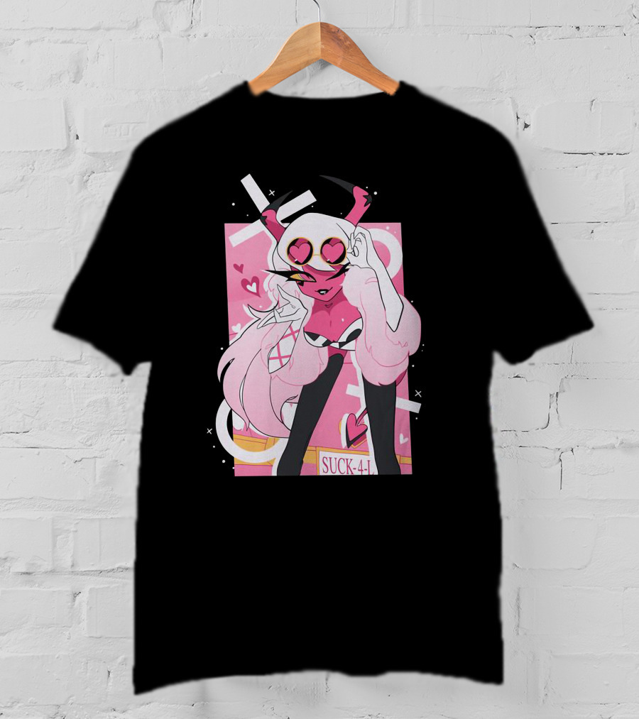 Helluva Boss Mrs Mayberry Suck-4-L<3 Hearts Pink And White Demon Character T-Shirt