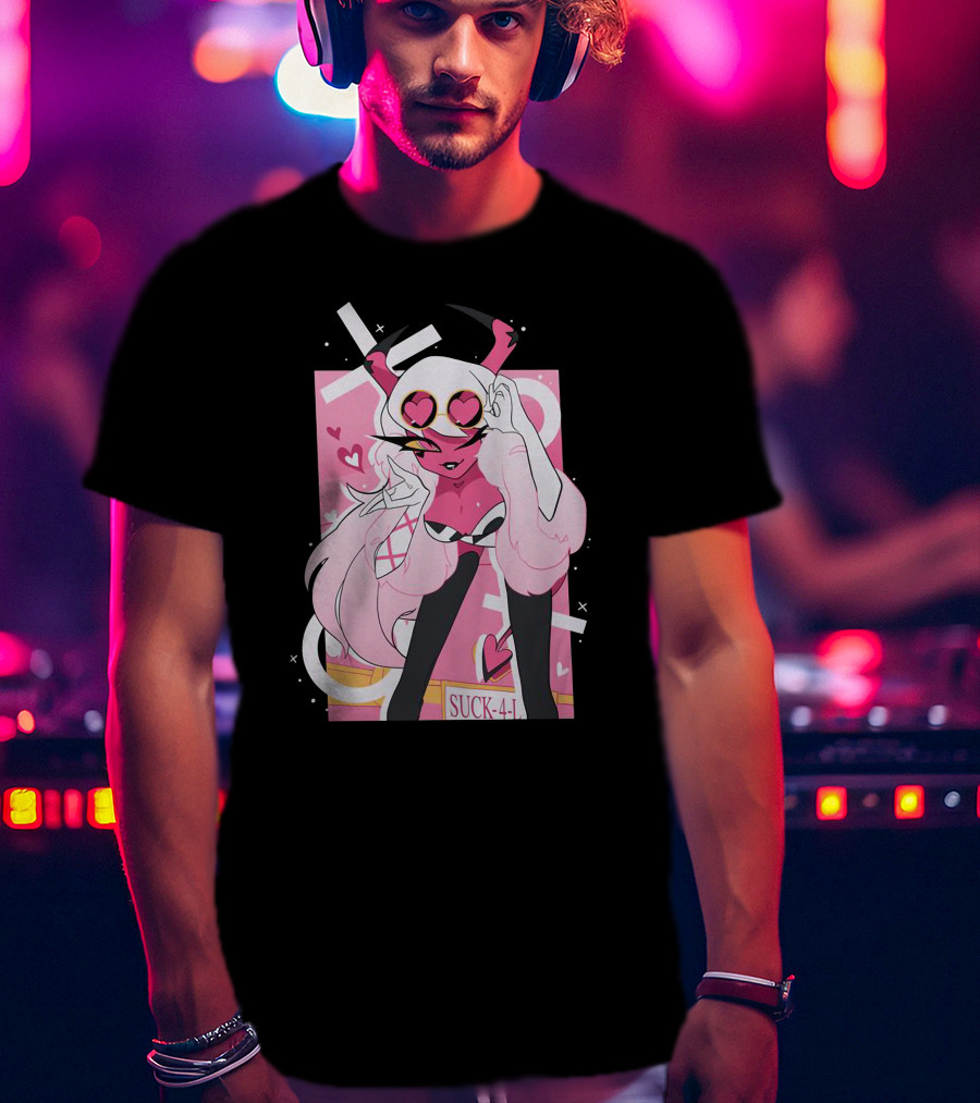 Helluva Boss Mrs Mayberry Suck-4-L<3 Hearts Pink And White Demon Character T-Shirt