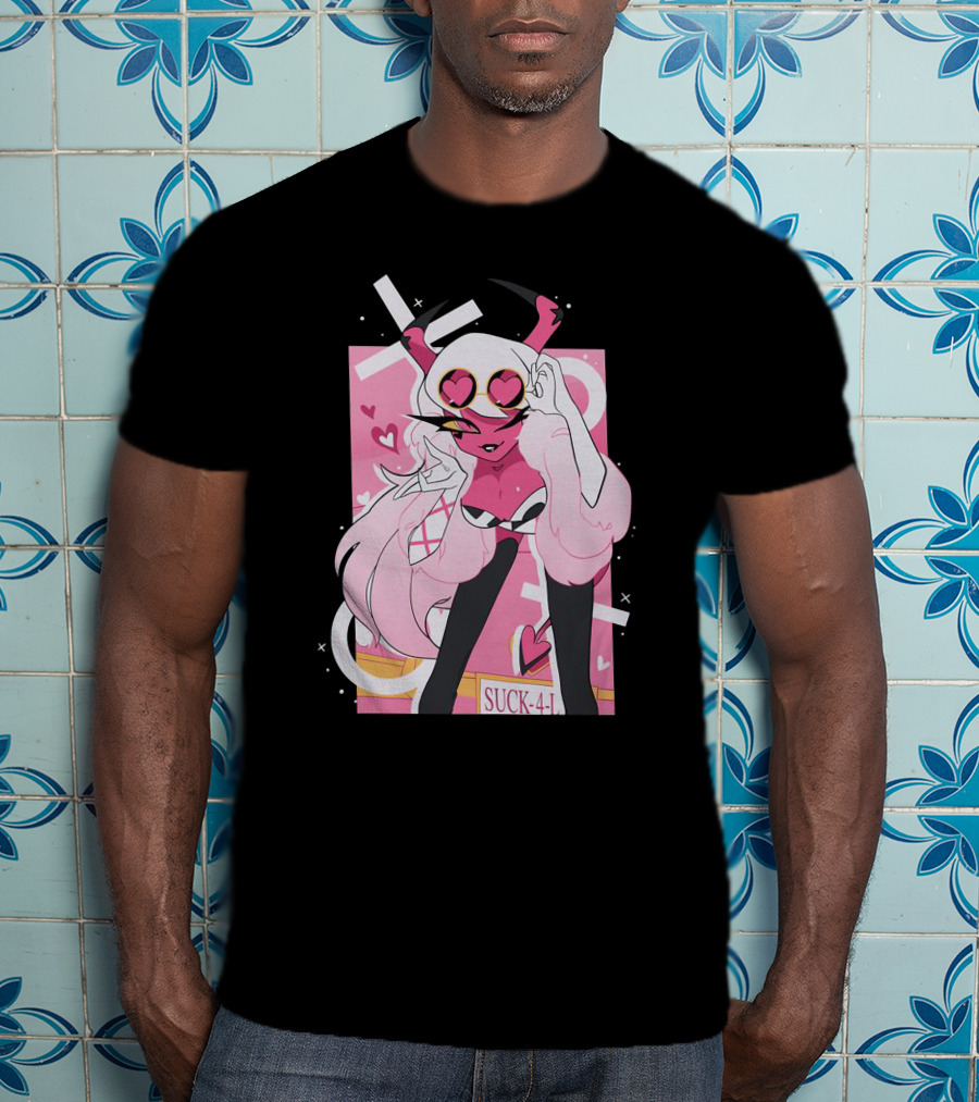 Helluva Boss Mrs Mayberry Suck-4-L<3 Hearts Pink And White Demon Character T-Shirt