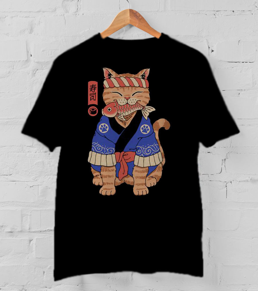 Sushi Cat In Traditional Japanese Outfit With Fish And Kanji T-Shirt