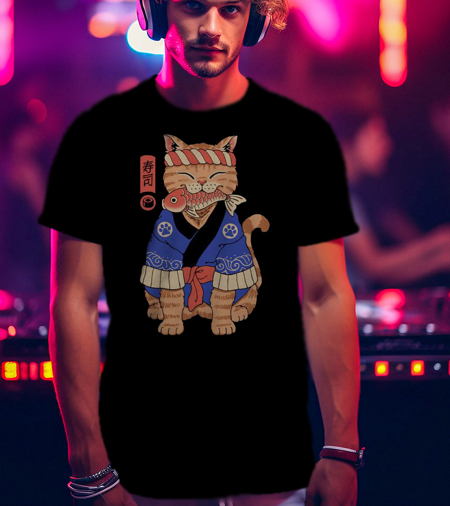 Sushi Cat In Traditional Japanese Outfit With Fish And Kanji T-Shirt