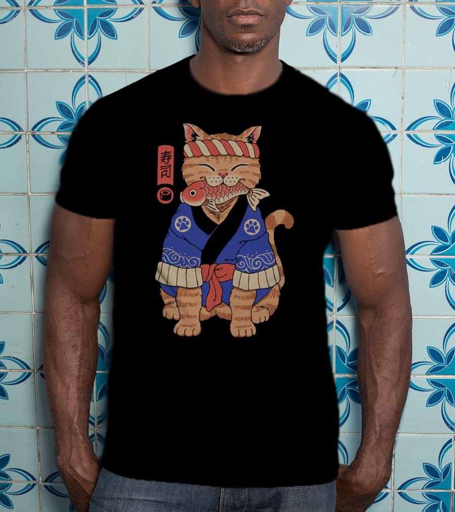 Sushi Cat In Traditional Japanese Outfit With Fish And Kanji T-Shirt