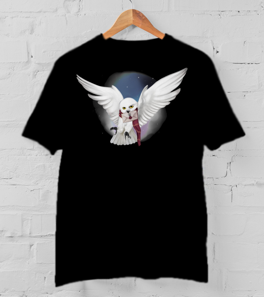 Snowy White Owl With Letter And Red Scarf In Starry Sky T-Shirt