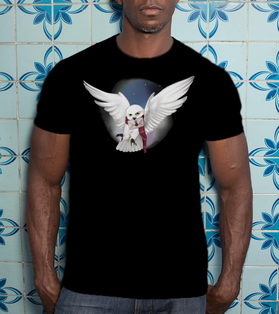 Snowy White Owl With Letter And Red Scarf In Starry Sky T-Shirt