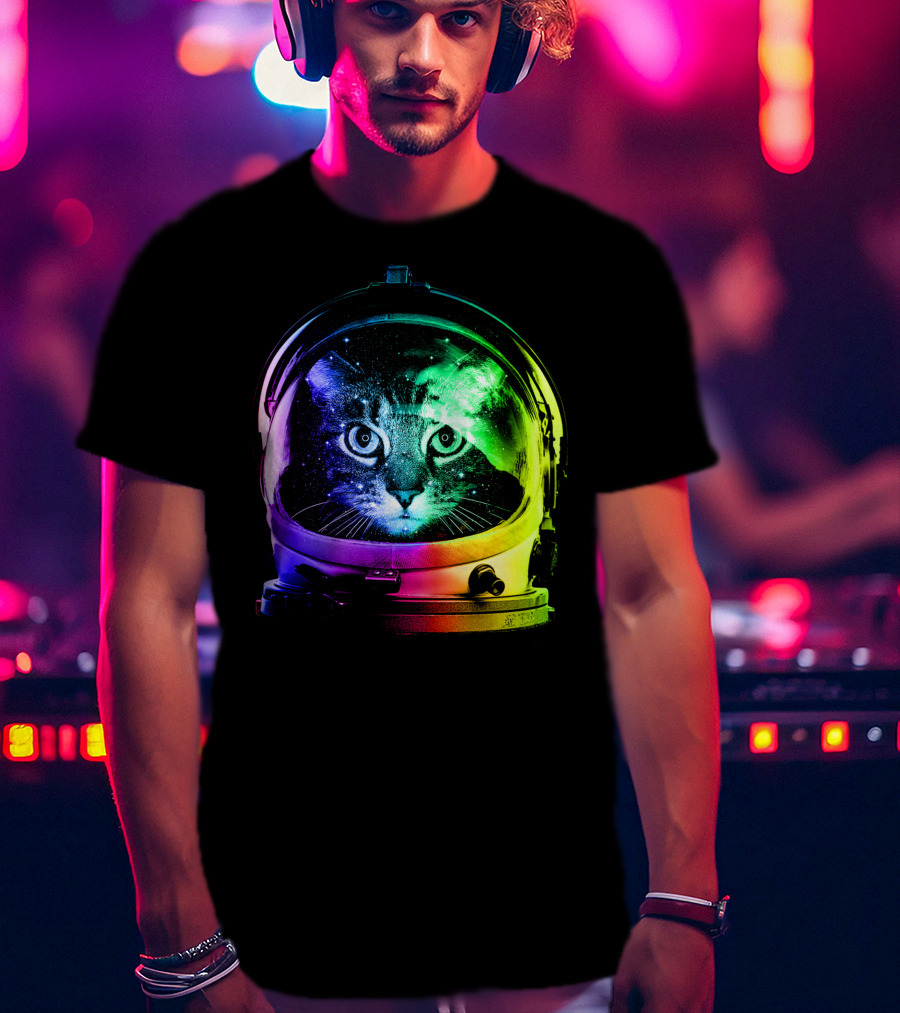Astronaut Cat Classic Funny Cat In Space Helmet With Rainbow Glow T-Shirt