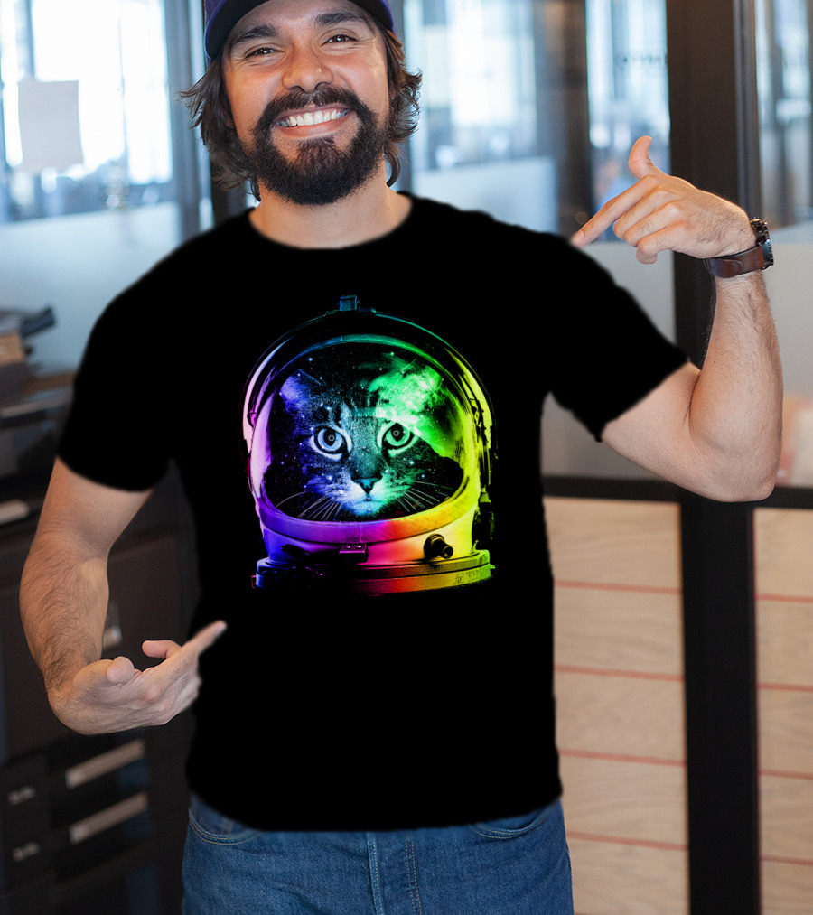Astronaut Cat Classic Funny Cat In Space Helmet With Rainbow Glow T-Shirt