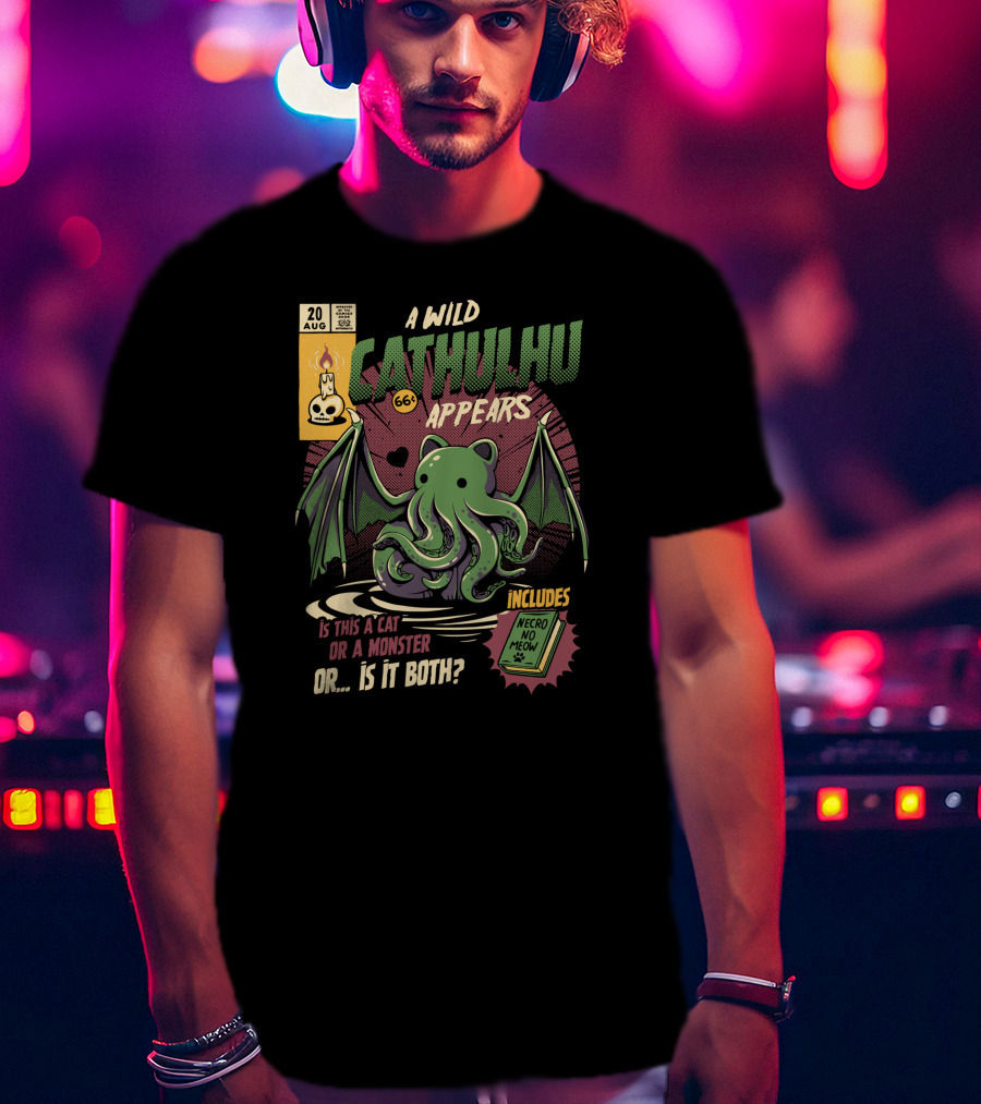 A Wild Cathulhu Appears Cat Or Monster Includes Necro No Meow T-Shirt