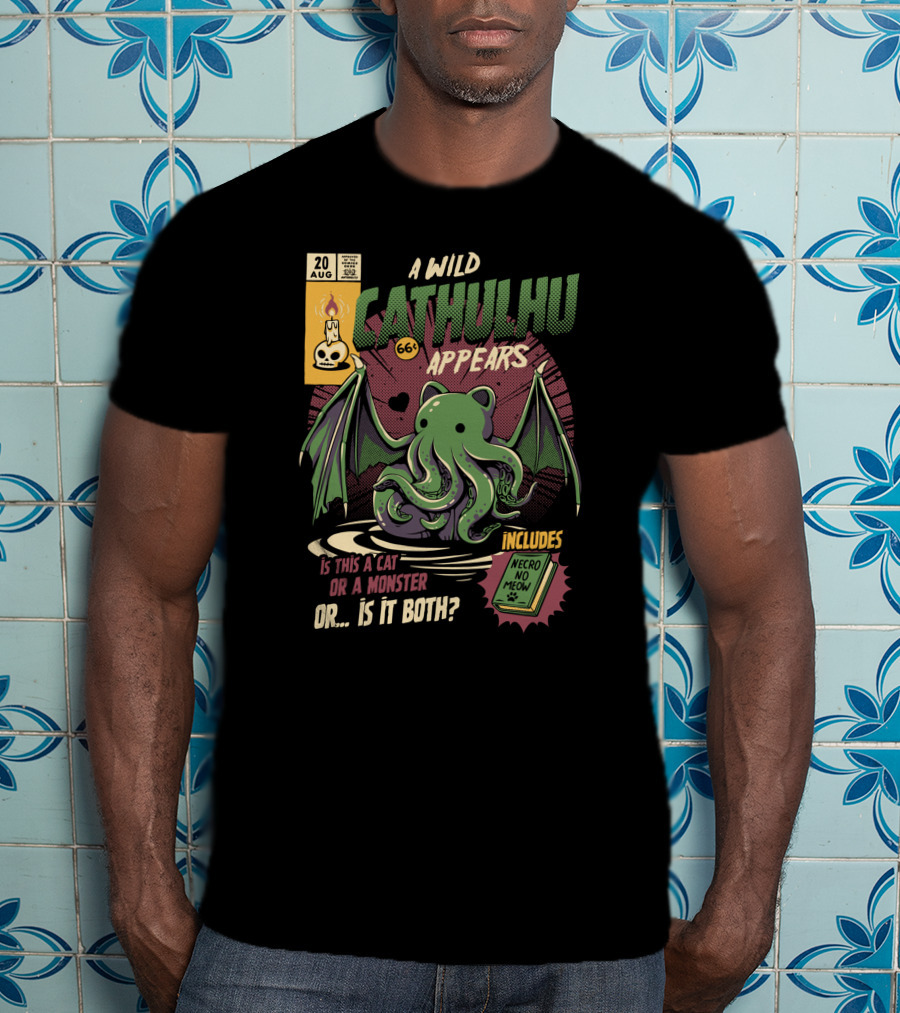 A Wild Cathulhu Appears Cat Or Monster Includes Necro No Meow T-Shirt