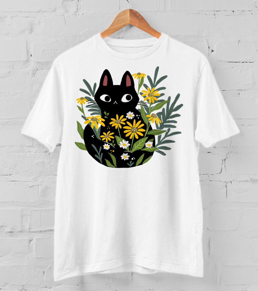 Black Cat With Flowers Essential Cute Funny Cat Illustration Floral T-Shirt