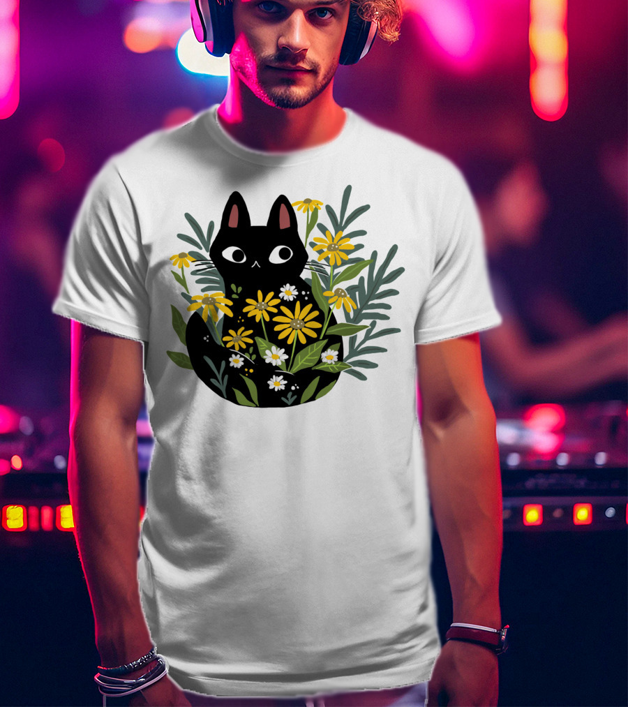 Black Cat With Flowers Essential Cute Funny Cat Illustration Floral T-Shirt