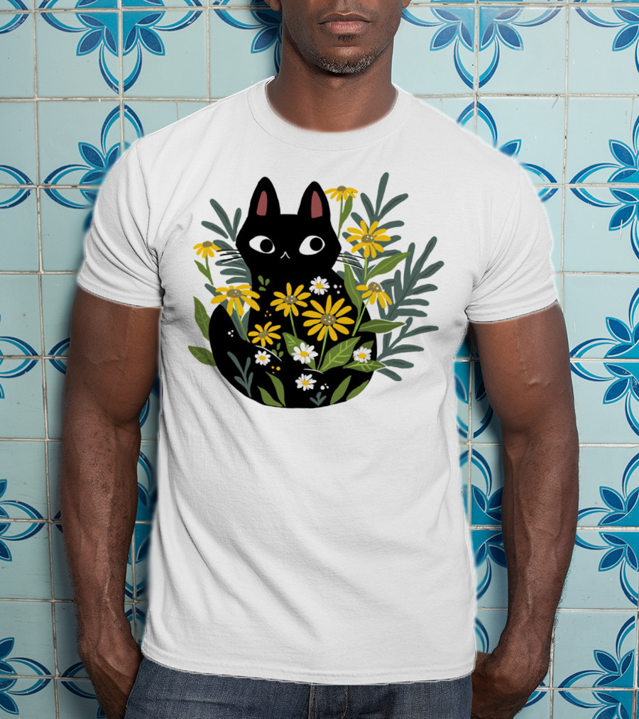 Black Cat With Flowers Essential Cute Funny Cat Illustration Floral T-Shirt