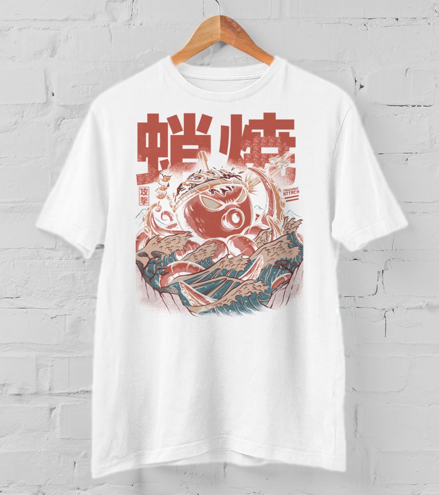 Takoyaki Attack Black Version Active Octopus Waves Kanji Sea T-Shirt