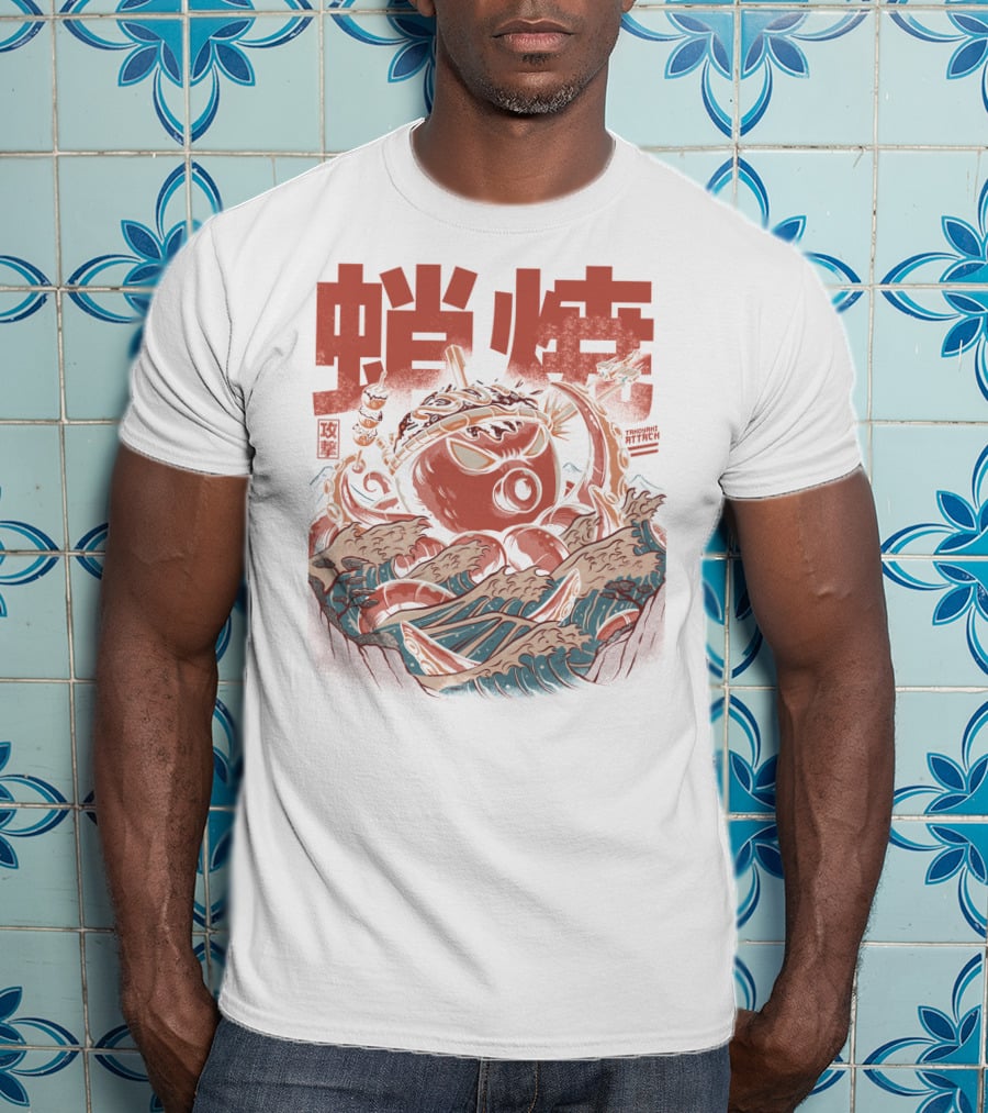 Takoyaki Attack Black Version Active Octopus Waves Kanji Sea T-Shirt