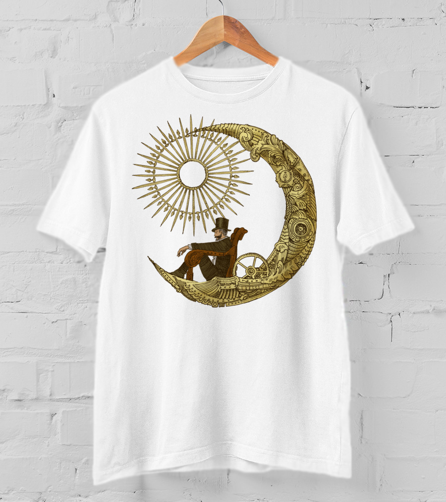 Victorian Gentleman On Ornate Crescent Moon With Sunburst - Moon Travel T-Shirt