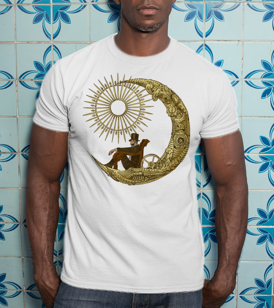 Victorian Gentleman On Ornate Crescent Moon With Sunburst - Moon Travel T-Shirt