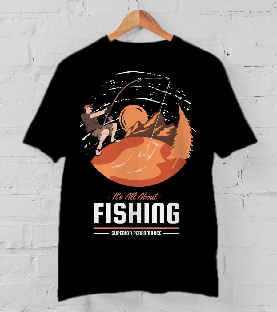 All About Fishing Superior Performance With Mountain And Sunset Scene T-Shirt