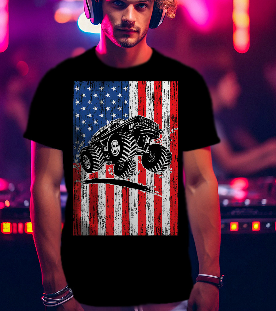 American Flag USA Monster Truck Enthusiast Patriotic T-Shirt