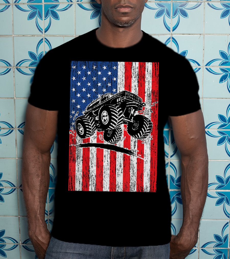 American Flag USA Monster Truck Enthusiast Patriotic T-Shirt