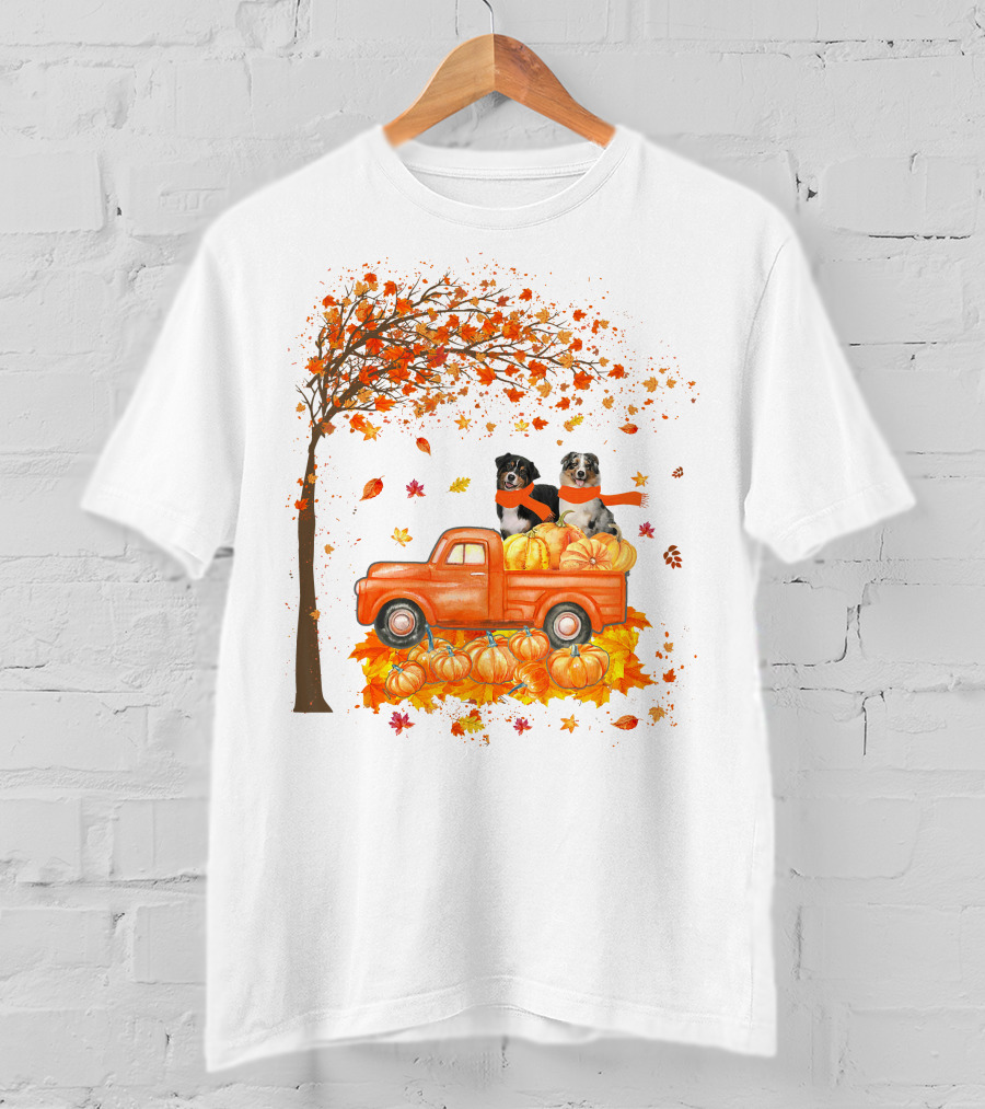 Australian Shepherds With Pumpkins On Orange Truck In Autumn Scene T-Shirt