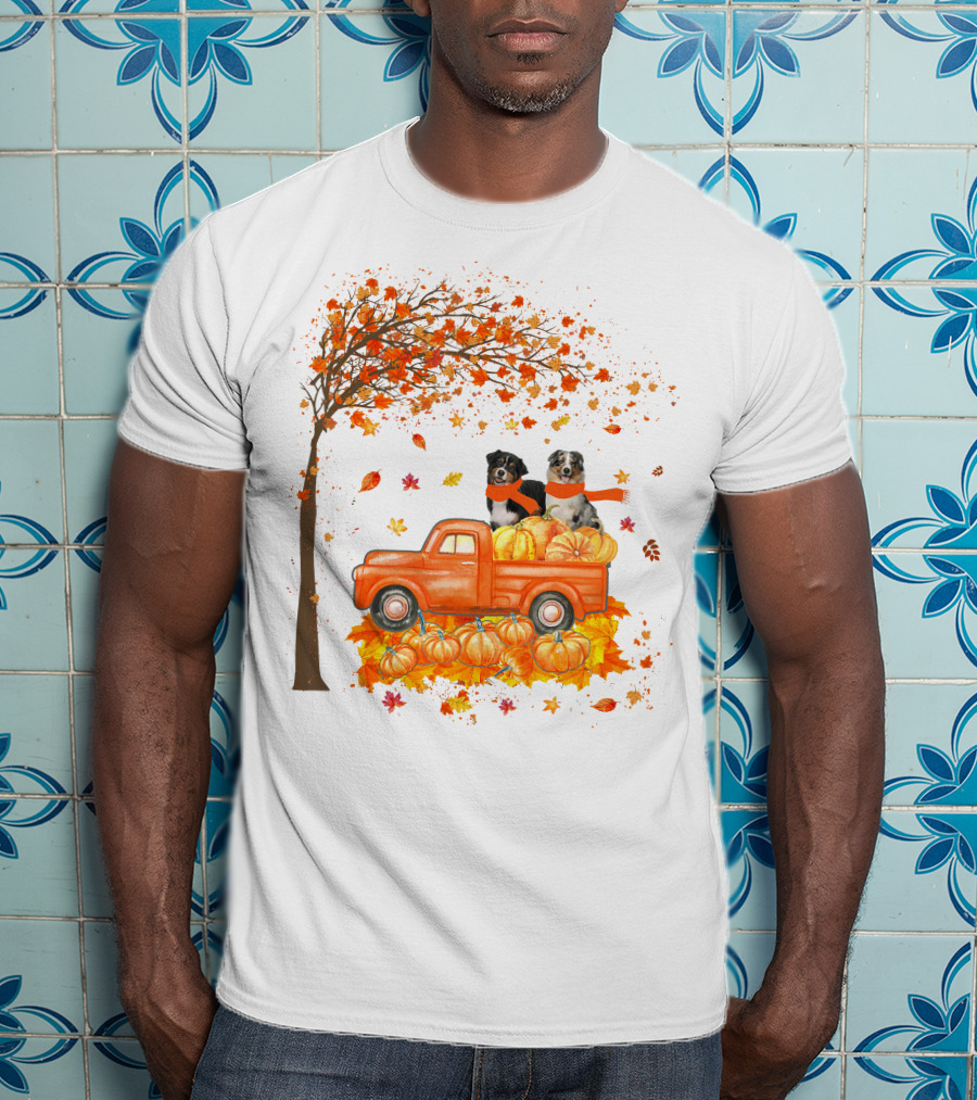 Australian Shepherds With Pumpkins On Orange Truck In Autumn Scene T-Shirt